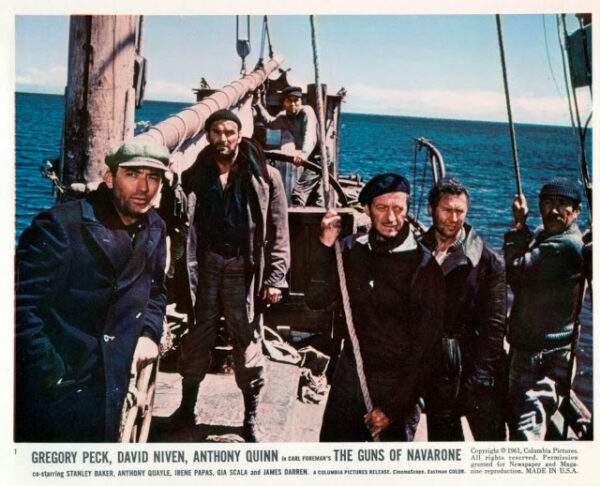 David Niven, Gregory Peck, Anthony Quinn, Stanley Baker, James Darren, and Anthony Quayle in The Guns of Navarone